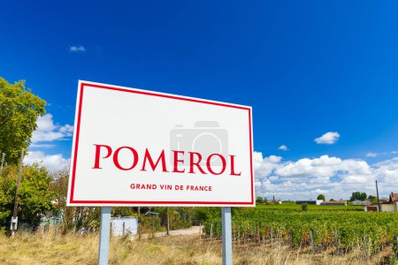 Photo for Sign of Pomerol with a vineyard  in Bordeaux, Aquitaine, France - Royalty Free Image