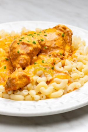 Téléchargez les photos : Cuisse de poulet avec sauce crémeuse au paprika aux pâtes - en image libre de droit