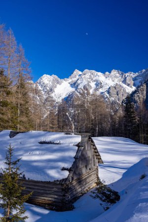 Foto de Paisaje invernal cerca de Vrsic, Parque Nacional Triglavski, Eslovenia - Imagen libre de derechos