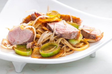 Photo for Slices of duck breast with noodles, vegetables and bamboo shoots - Royalty Free Image