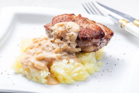 Téléchargez les photos : Viande grillée avec purée de pommes de terre avec sauce à l'oignon - en image libre de droit