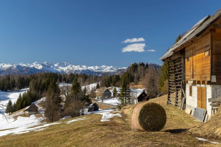 Téléchargez les photos : Typical wooden log cabins in Gorjuse, Triglavski national park, Slovenia - en image libre de droit