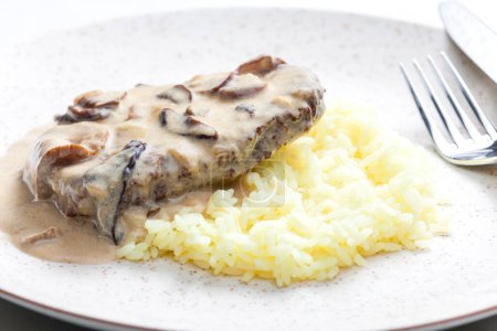 Photo for Meat with mushroom sauce and white rice - Royalty Free Image