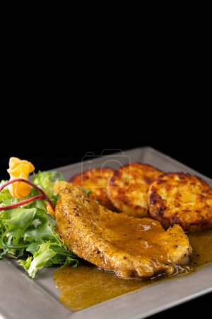 Photo for Poultry meat with sauce served with hash browns and salad - Royalty Free Image