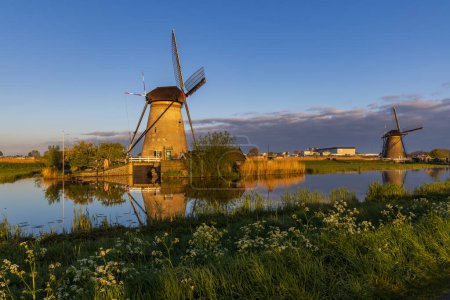 Téléchargez les photos : Moulins à vent traditionnels néerlandais à Kinderdijk - Site de l'Unesco, Pays-Bas - en image libre de droit