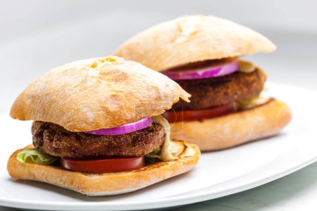 Téléchargez les photos : Burger de poulet à l'oignon rouge, tomate et laitue - en image libre de droit