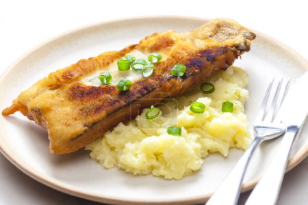 Photo for Fried fish with mashed potatoes and spring onion - Royalty Free Image