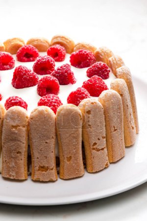 Photo for Raspberry cream cake with Italian sponge cakes around - Royalty Free Image