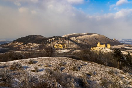 Photo for Palava winter landscape with Sirotci hradek ruins, Southern Moravia, Czech Republic - Royalty Free Image
