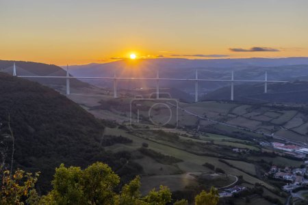 Photo for Multi-span cable stayed Millau Viaduct across gorge valley of Tarn River, Aveyron Departement, France - Royalty Free Image