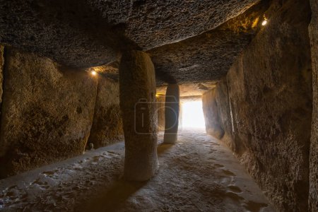 Interior of the Menga dolmen, view of the central pillar, UNESCO site, Antequera, Spain