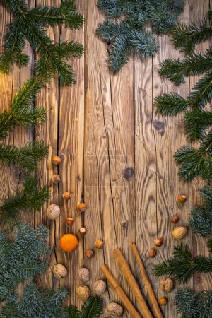 Photo for Traditional Czech Christmas on wood decoration with twig and nut - Royalty Free Image
