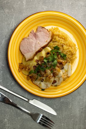 Photo for Pork meat with potato dumplings and pickled cabbage served with roasted onion - Royalty Free Image