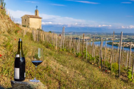 Téléchargez les photos : Grand cru vineyard and Chapel of Saint Christopher, Tain l'Hermitage, Rhone-Alpes, France - en image libre de droit