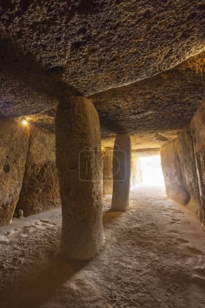 Photo for Interior of the Menga dolmen, view of the central pillar, UNESCO site, Antequera, Spain - Royalty Free Image