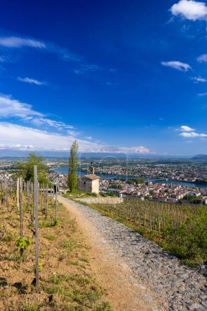 Photo for Grand cru vineyard and Chapel of Saint Christopher, Tain l'Hermitage, Rhone-Alpes, France - Royalty Free Image