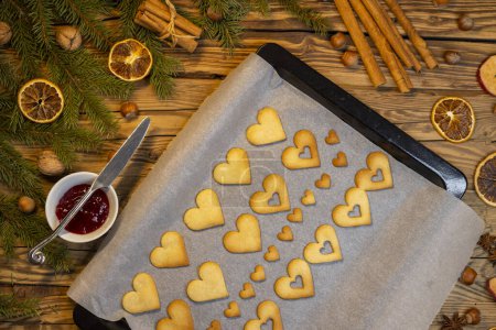 Photo for Christmas linzer cookies on the baking tray - Royalty Free Image