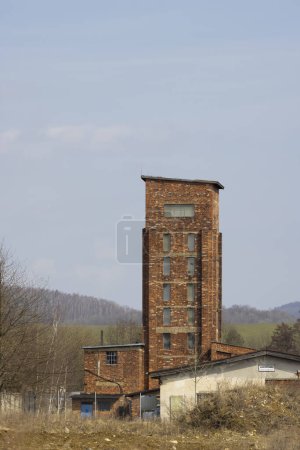 Photo for Red Tower of Death, UNESCO site with inscription in Czech language "Ruda vez smrti" a national monument in Dolni Zdar near Ostrov, Western Bohemia, Czech Republic - Royalty Free Image