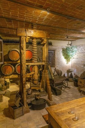 Traditional winemaking equipment in Castello di Razzano, Piedmont, Italy