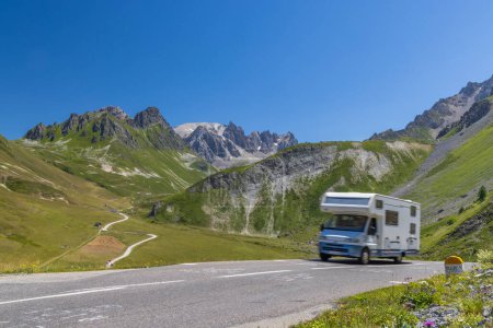 Photo for Vanlife, Route des Grandes Alpes near Col du Galibier, Hautes-Alpes, France - Royalty Free Image