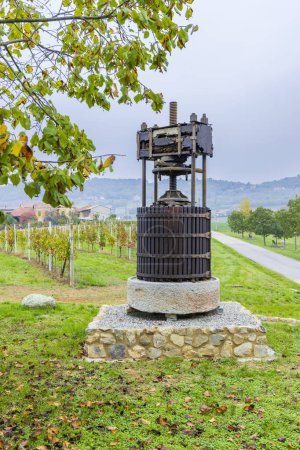 Old wine press near Castello di Razzano and Alfiano Natta, Barolo wine region, province of Cuneo, region of Piedmont, Italy