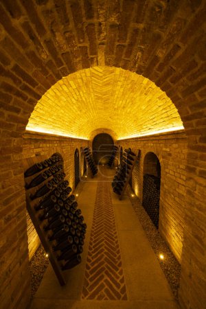 Gelagerte Weinflaschen, Wein Cella, Canale, Piemont, Italien