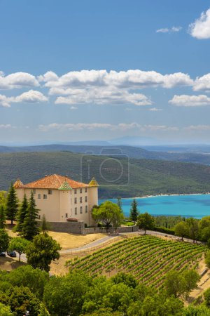 Photo for Typical Provencal town Aiguines with Lac de Sainte-Croix, Verdon Natural Park, Alpes-de-Haute-Provence, Provence, France - Royalty Free Image