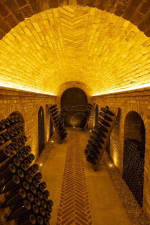Téléchargez les photos : Bouteilles de vin stockées, cella, Canale, Piémont, Italie - en image libre de droit