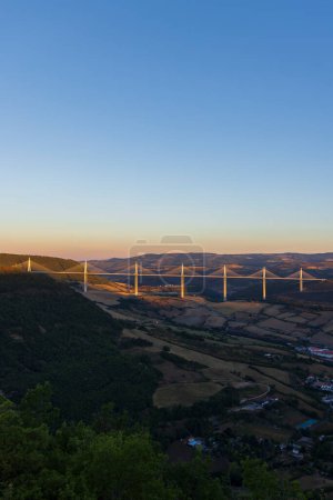 Multi-span cable stayed Millau Viaduct across gorge valley of Tarn River, Aveyron Departement, France