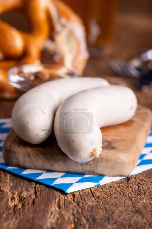 Photo for Two bavarian white sausages on wood - Royalty Free Image