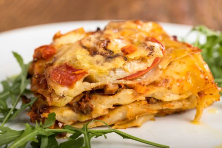 closeup of a portion lasagna