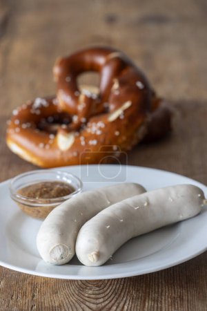 bavarian white sausages on wood