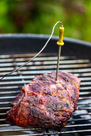 Téléchargez les photos : Mesurer la chaleur dans un steak - en image libre de droit