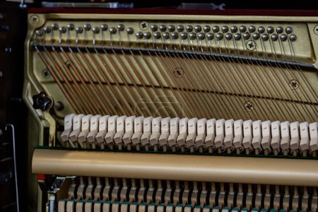 Photo for Close-up shallow focus image of the internal mechanisms of an upright piano. It gives a feeling of luxury, beauty, classic, sophistication, elegance. Image can be use for various topics about  music. - Royalty Free Image