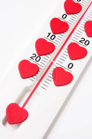 Nahaufnahme des Thermometers mit roten Liebesherzen 