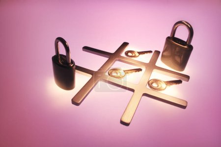 Photo for Tic-Tac-Toe with Padlocks and Keys - Royalty Free Image