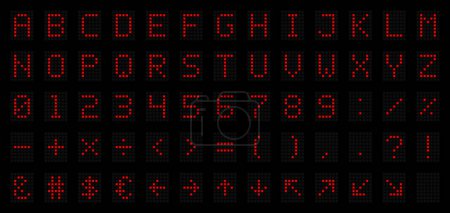 Illustration for LED Digital Alphabet for Electronic Digital Display, Signages, Information Panels, Sports, Games, Data Boards, Schedules. Dot font with red letters, numbers, signs and symbols. Vector illustration - Royalty Free Image