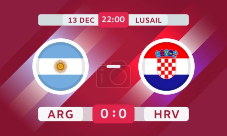 Illustration for Argentina vs Croatia Match Design Element. Flags Icons with transparency isolated on red background. Football Championship Competition Infographics. Announcement, Game Score Template. Vector - Royalty Free Image