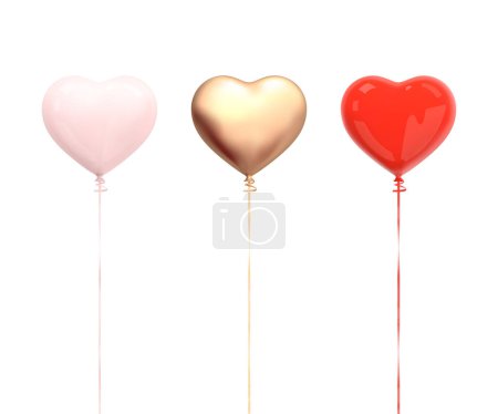 Herzballons Set vorhanden. Gold, Rot, Rosa. 3D realistische bunte Ballon Herz mit Band isoliert auf weißem Hintergrund. Valentinstag, Hochzeit, Geburtstag, Jahrestag, Muttertagsdekorationen. 3D-Vektor