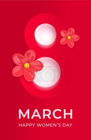 Illustration for March 8 - Happy Women's Day. International Womens Day Greeting Card. Number 8 cut out of red paper on red with red flowers. Concept of femininity, spring, love. Creative 3d vector illustration - Royalty Free Image