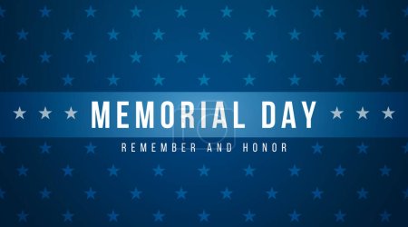 Memorial Day - Remember and Honor Poster (en inglés). EE.UU. celebración del día conmemorativo. Fiesta nacional americana. Plantilla de invitación con texto blanco sobre fondo azul con estrellas. Ilustración vectorial
