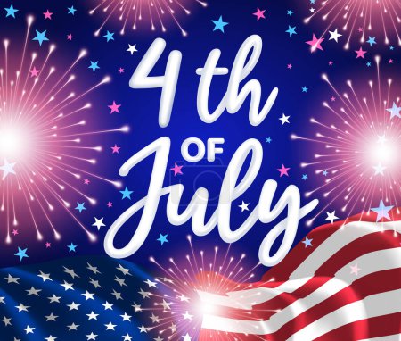 Illustration for 4th of July - US National Holiday. Happy Independence Day. United States Celebration. Invitation template with white text and waving us flag on firework background. Web banner. Vector illustration - Royalty Free Image