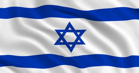 Téléchargez les illustrations : Le drapeau national d'Israël flotte dans le vent. Drapeau israélien ondulé. Vue rapprochée de l'avant. Drapeau blanc et bleu avec étoile de David. 3D Render. Illustration vectorielle 3D réaliste - en licence libre de droit
