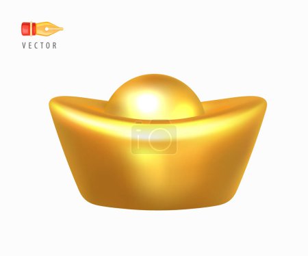 Illustration for Yuan Bao Chinese Gold Currency. Traditional gift decoration for the Chinese New Year. Imperial Golden Ingot YuanBao. Realistic 3d design element isolated on white background. 3D render vector object - Royalty Free Image