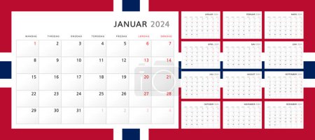 Illustration for Calendar 2024 in Norwegian. Wall quarterly calendar for 2024 in classic minimalist style. Week starts on Monday. Set of 12 months. Corporate Planner Template. A4 format horizontal. Vector illustration - Royalty Free Image