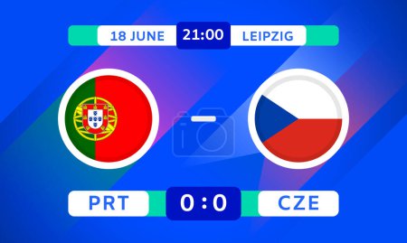 Portugal gegen Tschechien. Flaggen Icons mit Transparenz isoliert auf blauem Hintergrund. Infografiken zum Wettbewerb der Fußballmeisterschaft. Ankündigung, Spielstand Vorlage. Vektorgrafik