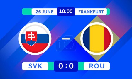 Romania vs Slovakia Match Design Element. Flags Icons with transparency isolated on blue background. Football Championship Competition Infographics. Announcement, Game Score Template. Vector graphics