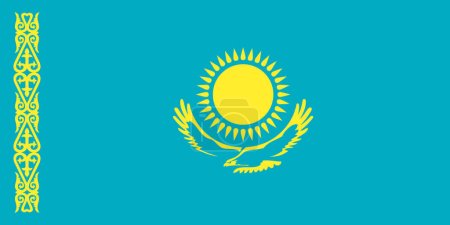 Ilustración de Bandera oficial de Kazajstán. Bandera de Kazajstán. Proporciones 1 a 2. Colores RGB. Turquesa 0, 171, 194. Amarillo 255, 236, 45. Icono plano. Mapa de texturas. Ilustración vectorial - Imagen libre de derechos