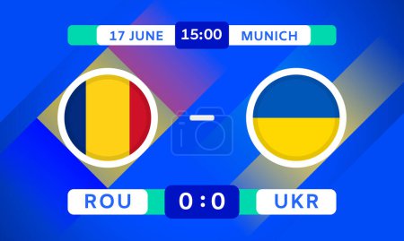 Rumänien vs Ukraine Match Design Flaggen Icons mit Transparenz isoliert auf blauem Hintergrund. Infografiken zum Wettbewerb der Fußballmeisterschaft. Spielstand Vorlage. Vektorillustration