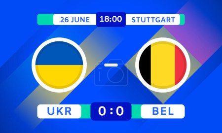 Ukraine gegen Belgien Match Design Element. Flaggen Icons mit Transparenz isoliert auf blauem Hintergrund. Infografiken zum Wettbewerb der Fußballmeisterschaft. Spielstand Vorlage. Vektorillustration